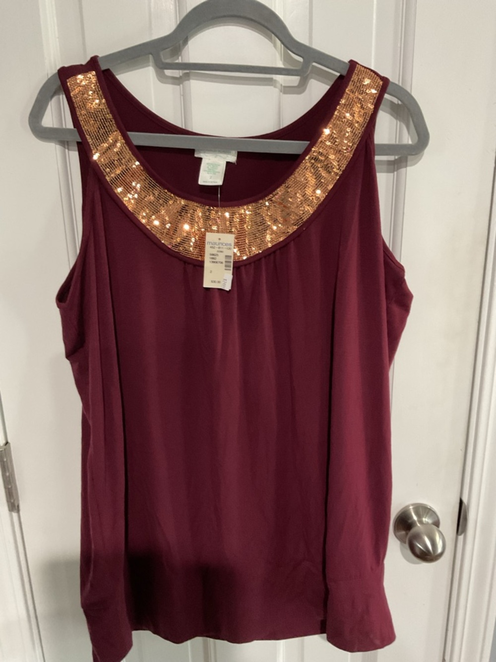 NWT Maurice’s Sleeveless Burgundy Tank with Copper Sequin Trimmed Neckline XXL